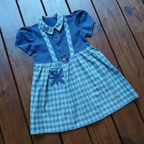 True vintage antique 1930's 30's baby toddler little girls blue plaid dress - Picture 7 of 8